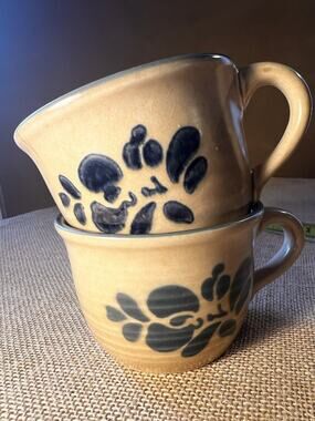 Vintage Pfaltzgraff Folk Art Pattern Tan And Blue Coffee Mugs --Set of 2